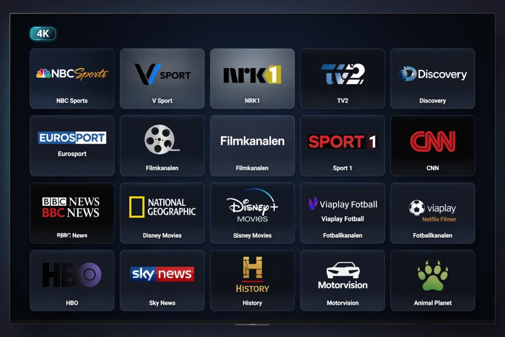 4K IPTV Norge anmeldelse kanaloversikt 2026 med NRK TV2 V Sport